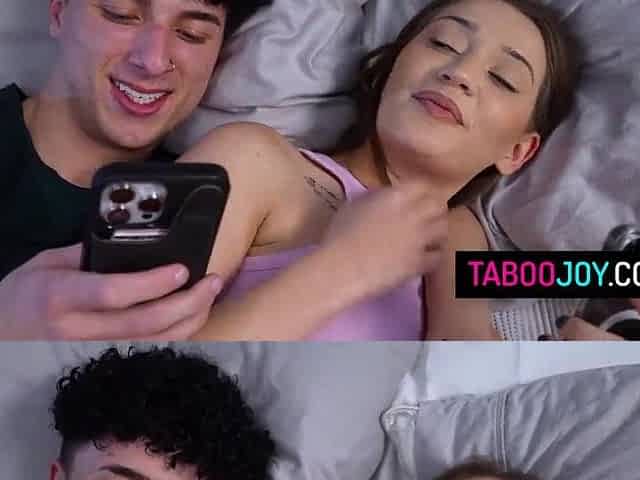 Teen stepsis rides her stepbro swinging her small booty down on his bulky knob