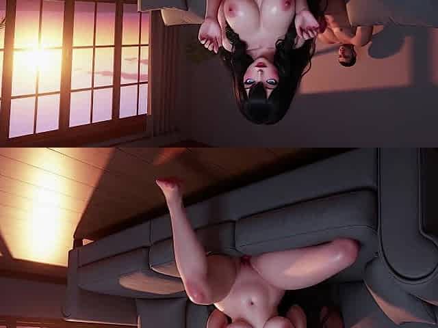 Large Tit Brunette hair Sucking Cock in her living room