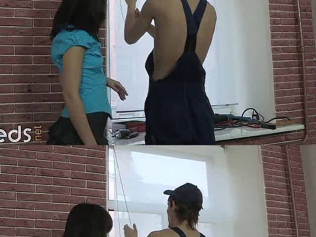 Handyman analyzes skinny brunette hair after finishing the work