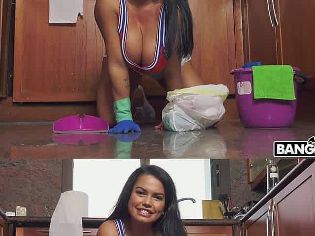 Naughty maid Chloe Lamour drops on her knees to blow and gets fucked