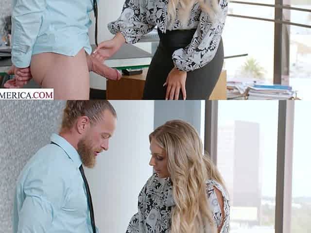 Kayley Gunner is sucking Brad Newman's cock in the office
