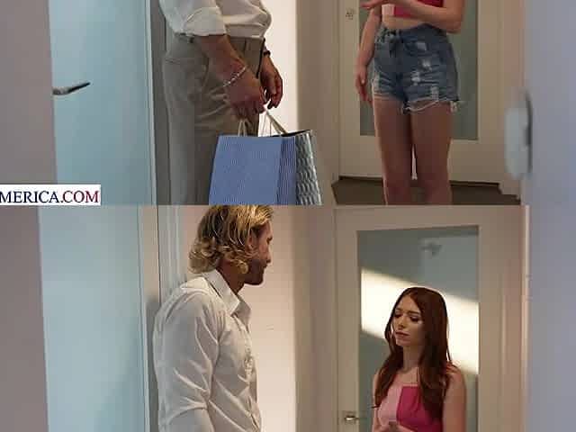 Petite Redhead Myra Moans hops on her friend's daddy's dick