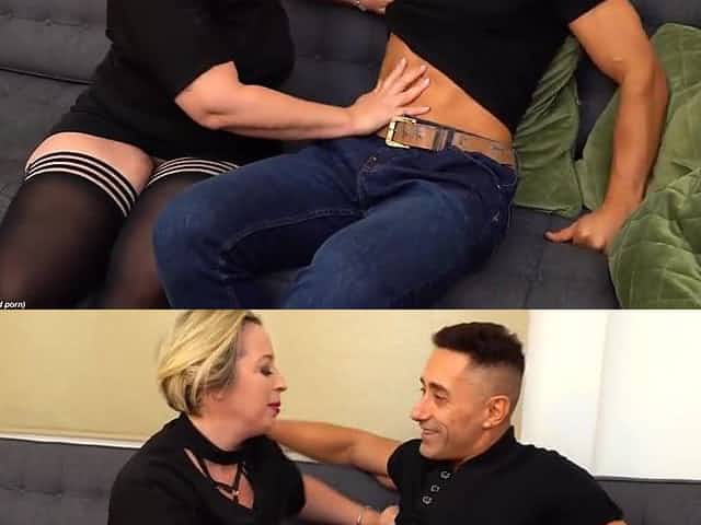Experienced, mature blonde in erotic lingerie is sucking dick and getting fucked on the sofa
