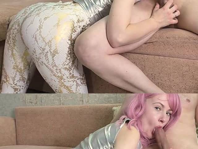 Girl with purple hair slides on BF's big cock with her Tongue