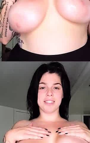 Busty curly brunette with big boobs fucks on couch
