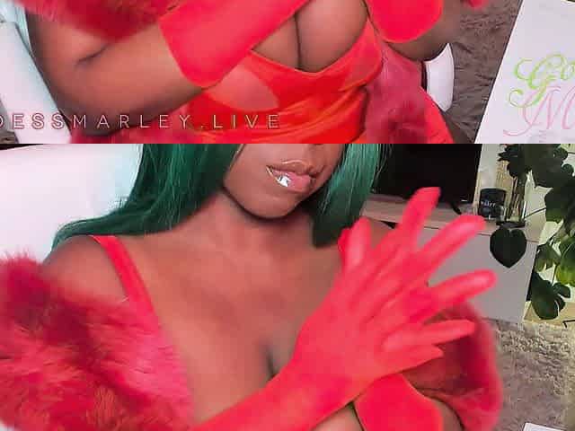 Ebony Livecam Domme Teases in Red Furry Stole, Underware, Gloves, and Cuban Heel Nylons