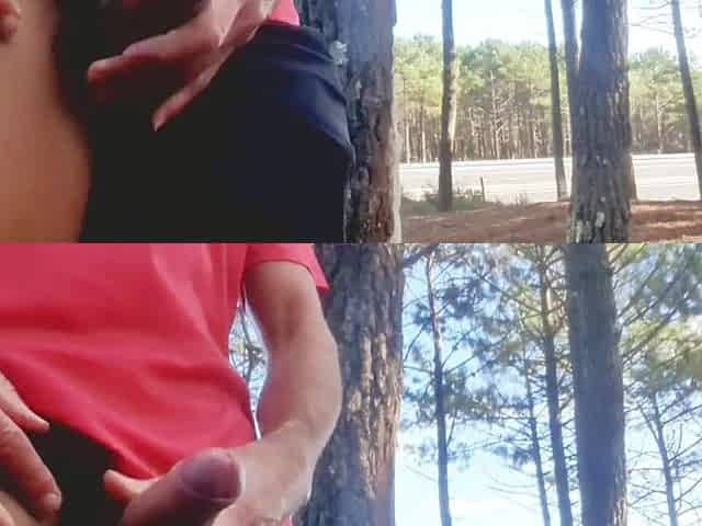 Hawt dude jacking off in public near the road.