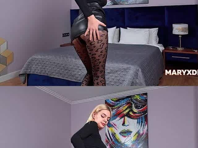 Elegant golden-haired in leather petticoat and tights craves to screw greater amount