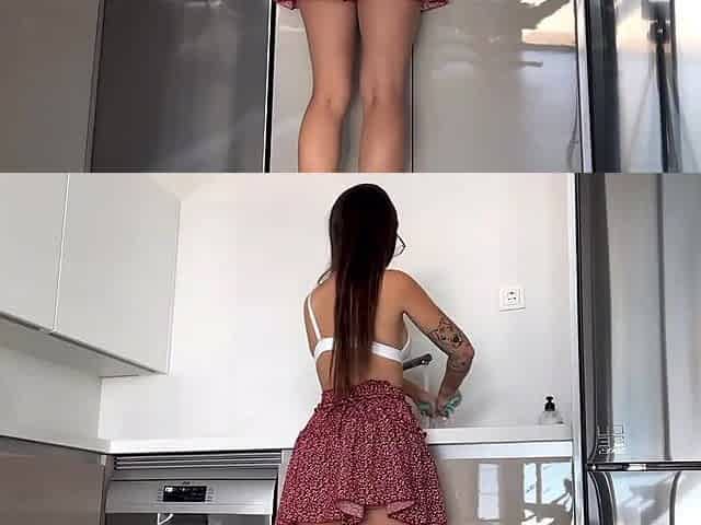 Brunette hair Tattooed Beauty Cleans Abode in a Short Petticoat - peeks underneath her petticoat!