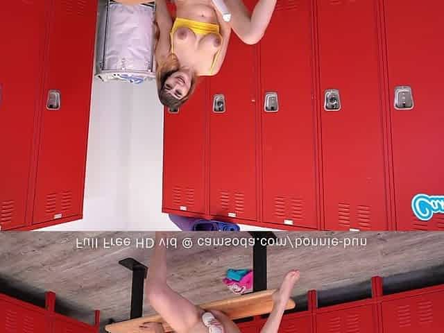 Amateur teen caught masturbating in the locker room gets fucked by a big cock