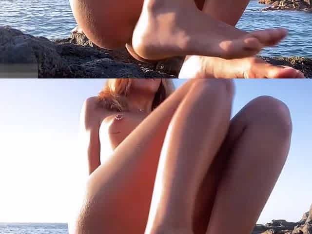 Petite beauty enjoys sensual beach pleasures with passionate touch