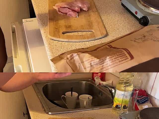 Cali is cooking topless in the kitchen
