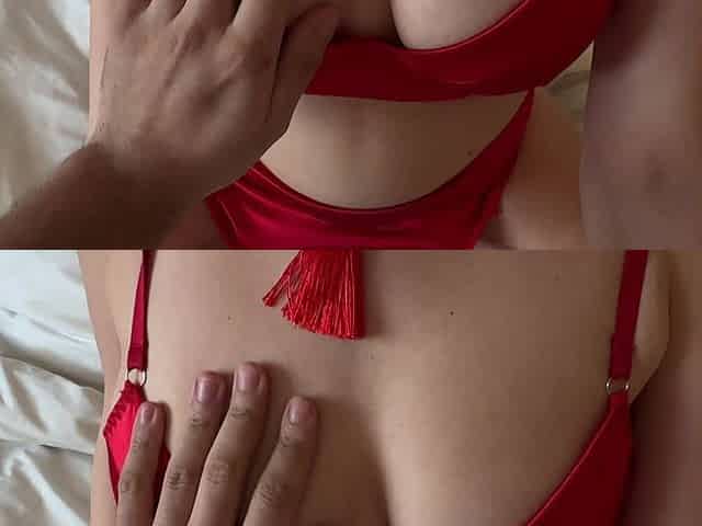 Hot Brunette in Red Lace Lingerie Takes a Powerful Cumshot on Her Back