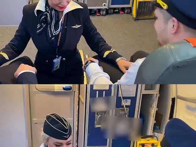 A married flight attendant fucks with pilots during a