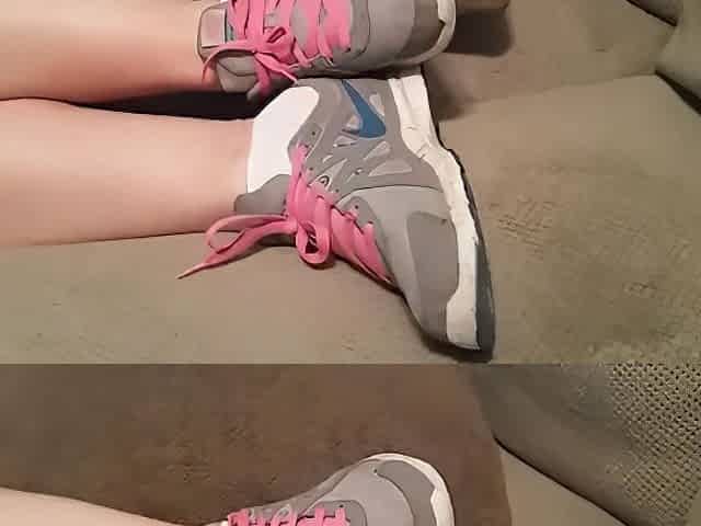Hot chick wearing tennis shoes then teases with plain white ankle socks