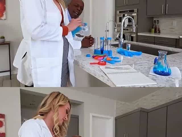 MILF scientist milks lab partners big black dick