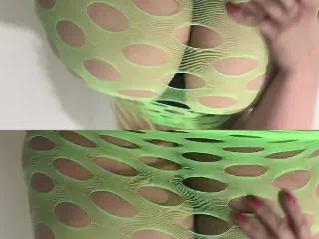 Carlycurvy striptease in neon green fishnet costume