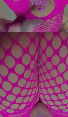 Bitch wearing pink chastity cage makes cream with her vagina