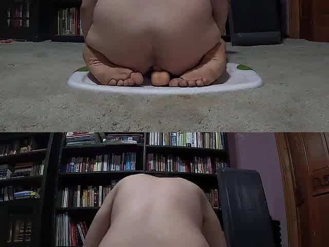 Plump hunk is curious what bouncing on sex toy feels like!
