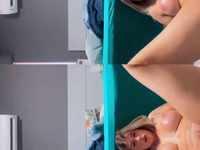 Blonde rubs oil on her HUGE ASS, gets excited and masturbate