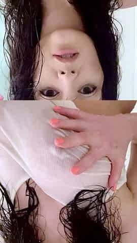 Busty curly brunette with big boobs fucks on couch