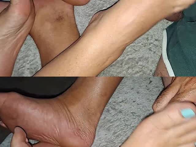 That babe rubs her cute feet all over my flabby penis