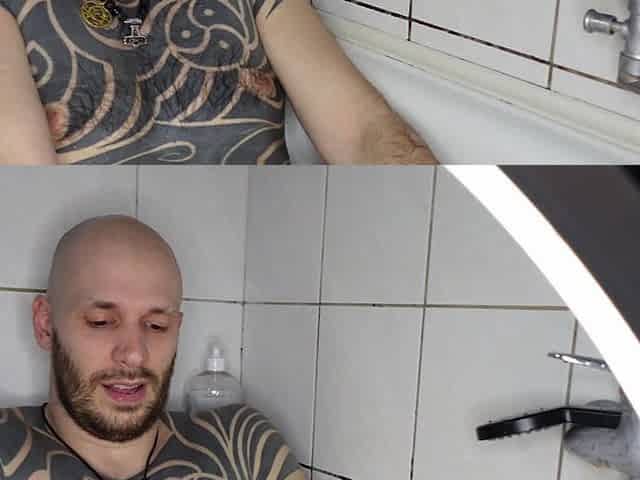 Bald Guy Taking Huge Dildo in the Ass in the Bathroom