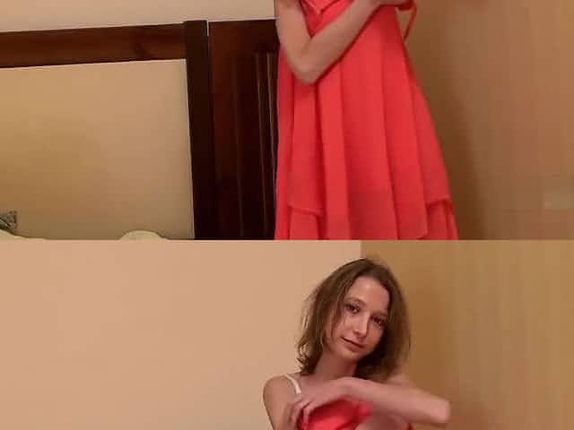 Anorexic girl strips and pleasures herself on bed
