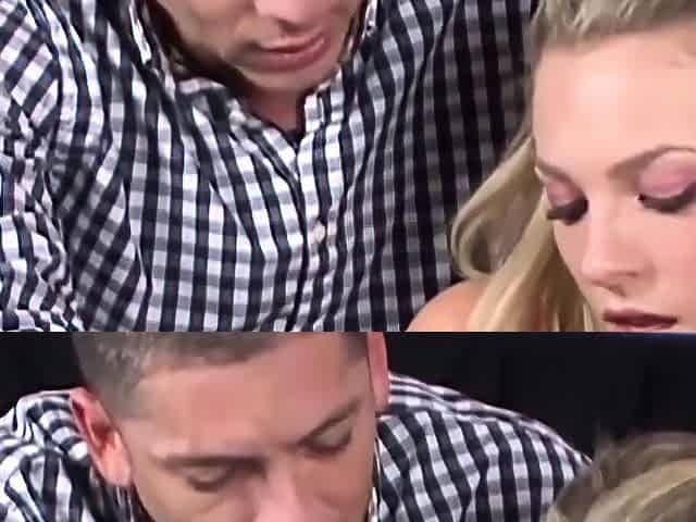 A ash-blonde girl and a man smooching in a bedroom