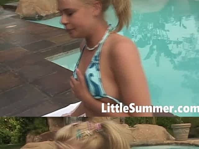 Little Summer with small tits fingering near at pool