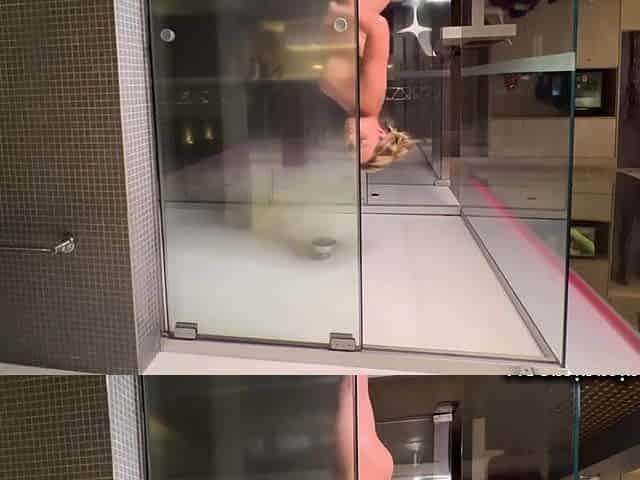 Taking a shower and showing off to my best friend.