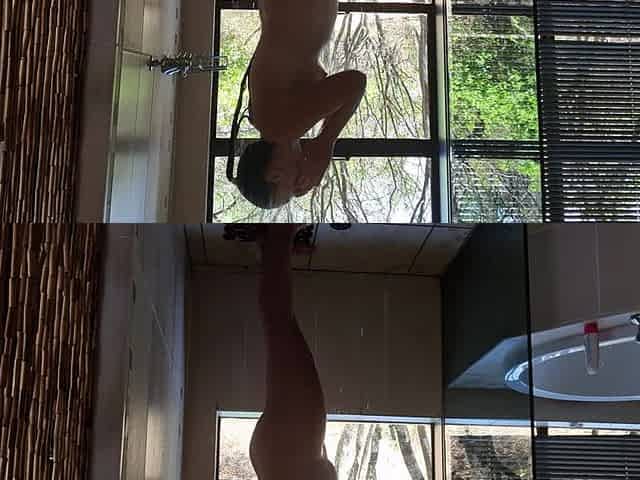 Fat Slut Playing with Her Pussy in a Big Open Shower