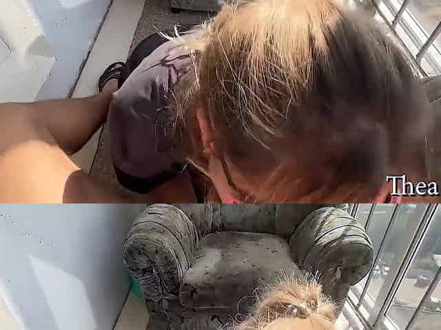 Real cute romantic sex on the balcony with cum on the booty