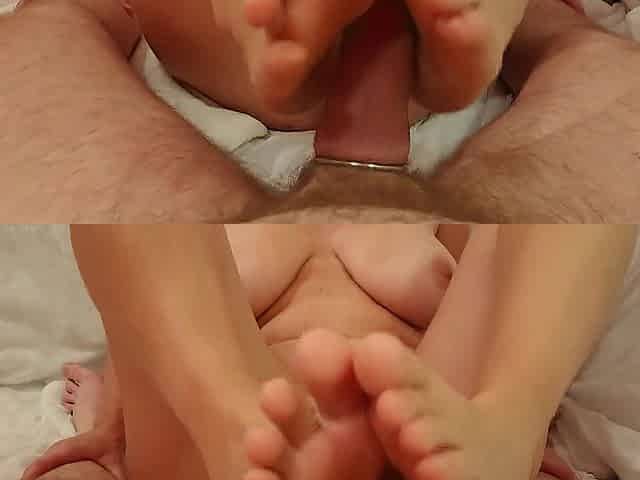 Footjob spunk flow toes up close