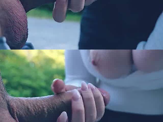 Public Parking Lot Tugjob Gone Wild: Soaked & sloppy Tugjob leads to giant Tit Spunk flow