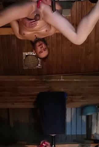 Intensive anal riding with thick and ebony sex tool. Sexually excited on the sauna.