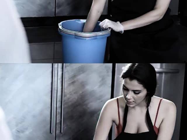 Wealthy man intimidates his sexy brunette european maid