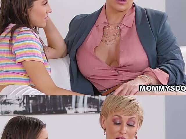 Stepdaughter and stepmom exchanging more kisses and starts to undress