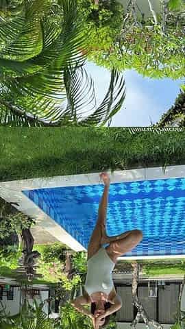 Outdoor Yoga Tree Pose & Tease in See-through Bodysuit in the Pool