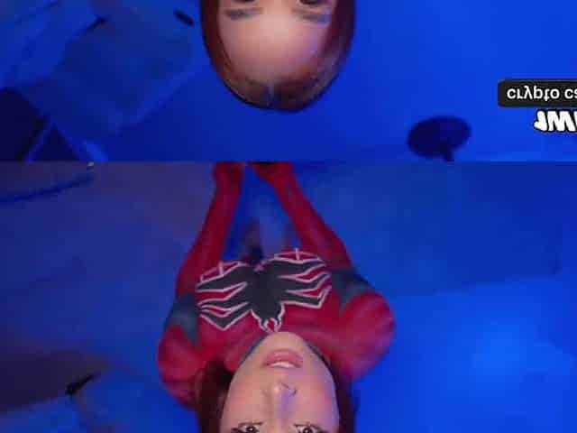 Spider Woman cosplay fucks fan, rails him to cum.