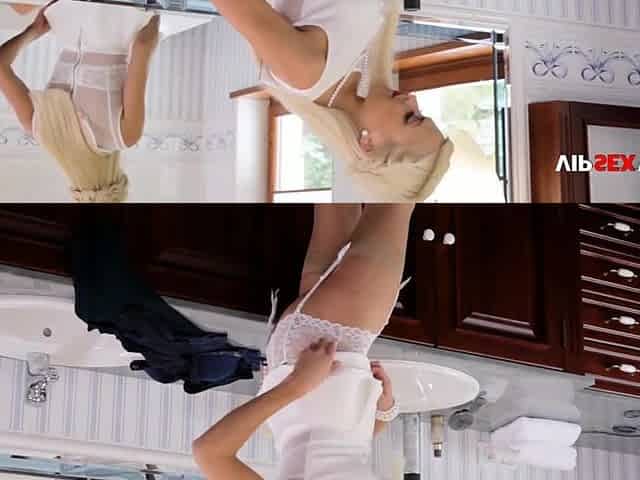 Lesbo Vagina Eating in the Bath, That babe Bows Her Over the Sink and Licks