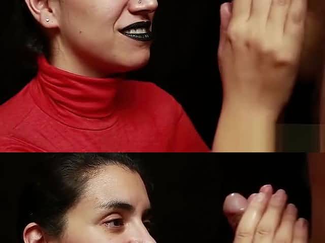 CFNM - Red turtleneck, Black lips - Handjob + Cum mouthful + Cum on clothes