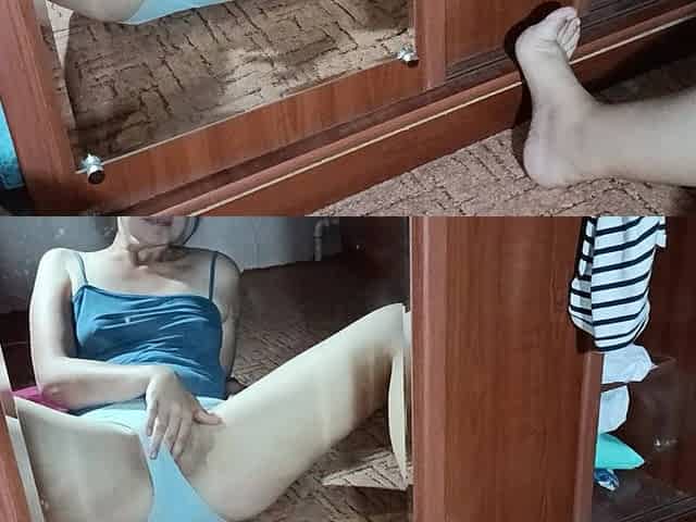 Asian Woman Caresses Her Clitoris and Masturbates in Front of a Mirror