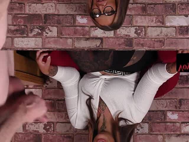 Beautiful glasses voyeur watching wanker
