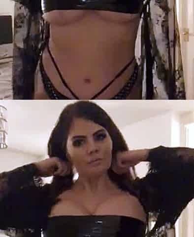 Busty curly brunette with big boobs fucks on couch