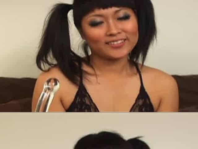 Asian Beauty in Pigtails Yuki Mori Uses a Glass Toy