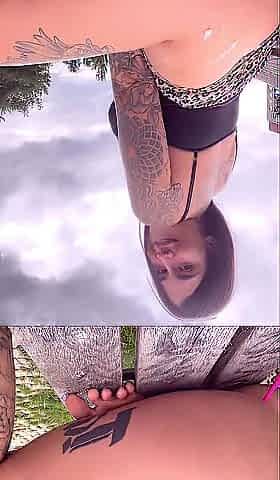 Public Park Tease: Playing on a Bench, Squirt in the Bushes!