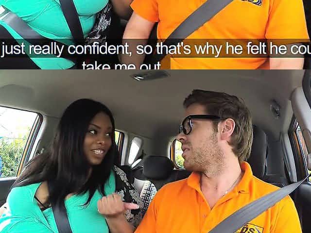 Fat ebony banged in driving school car