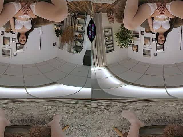 VR Porn - Solo Slutty Brunette hair In White Nylons Touching Her Shaggy Snatch