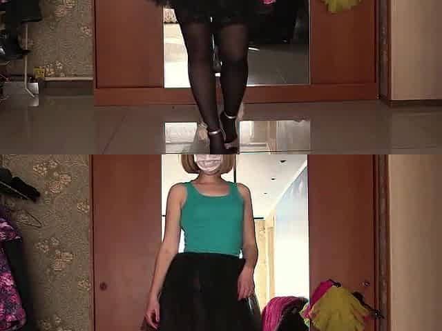A large moist booty in pants. A golden-haired in a short petticoat entices u.